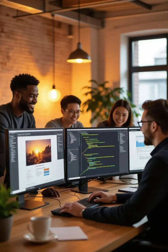 Team collaborating on coding and UX
