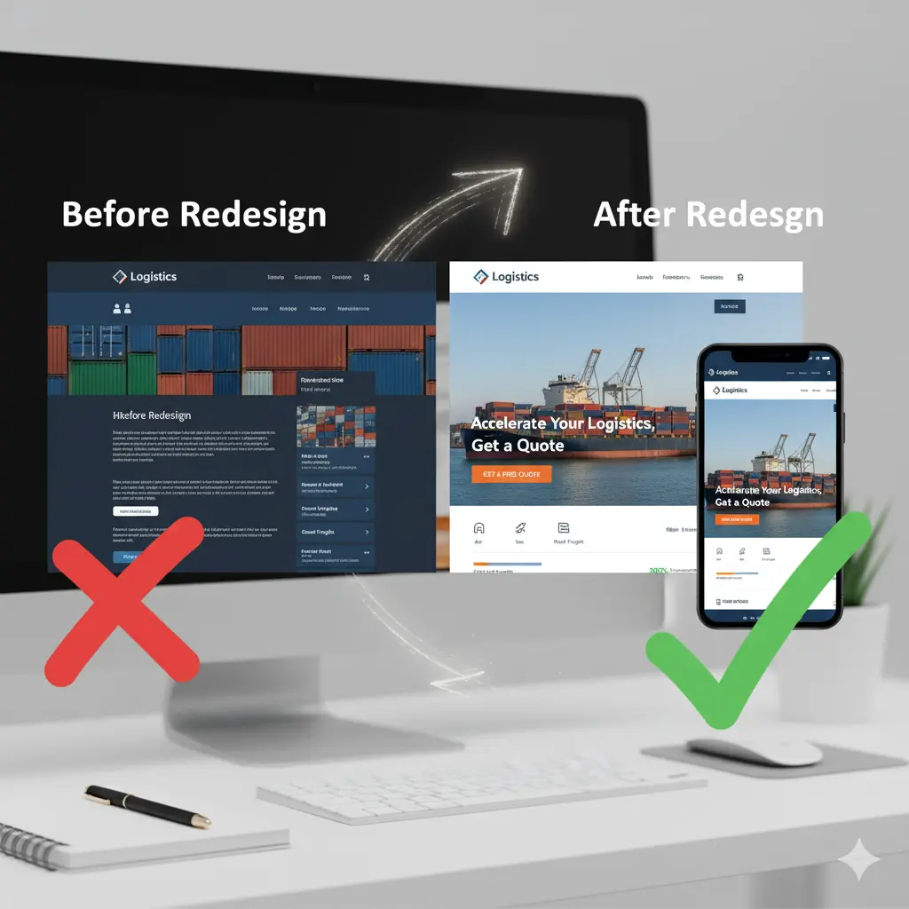 Before and after logistics website redesign showing mobile-friendly layout