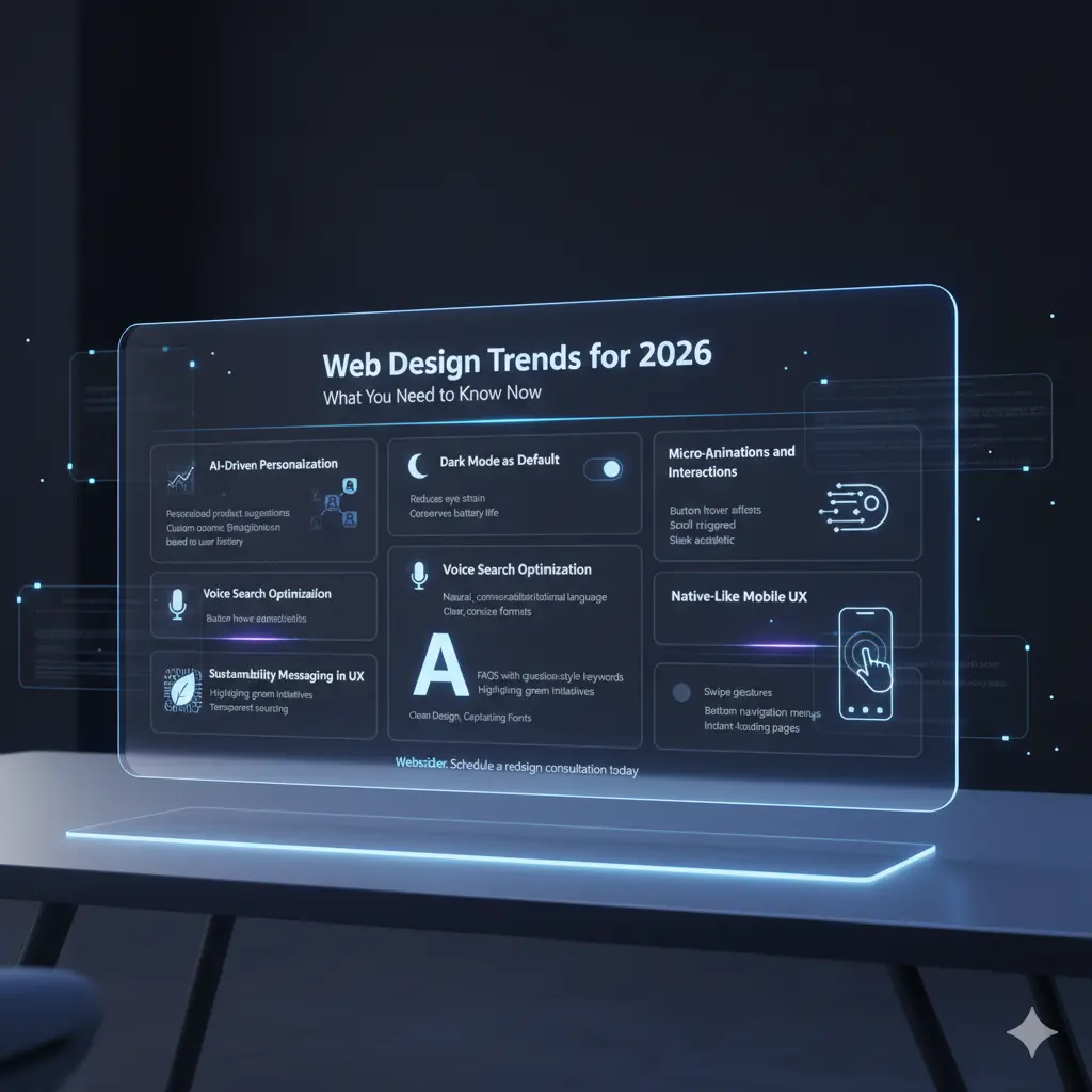 Web design trends 2026 on digital screen in tech-themed setup