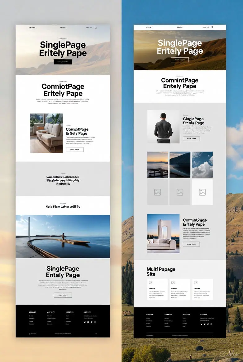Comparison between a landing page layout and a full multi-page website
