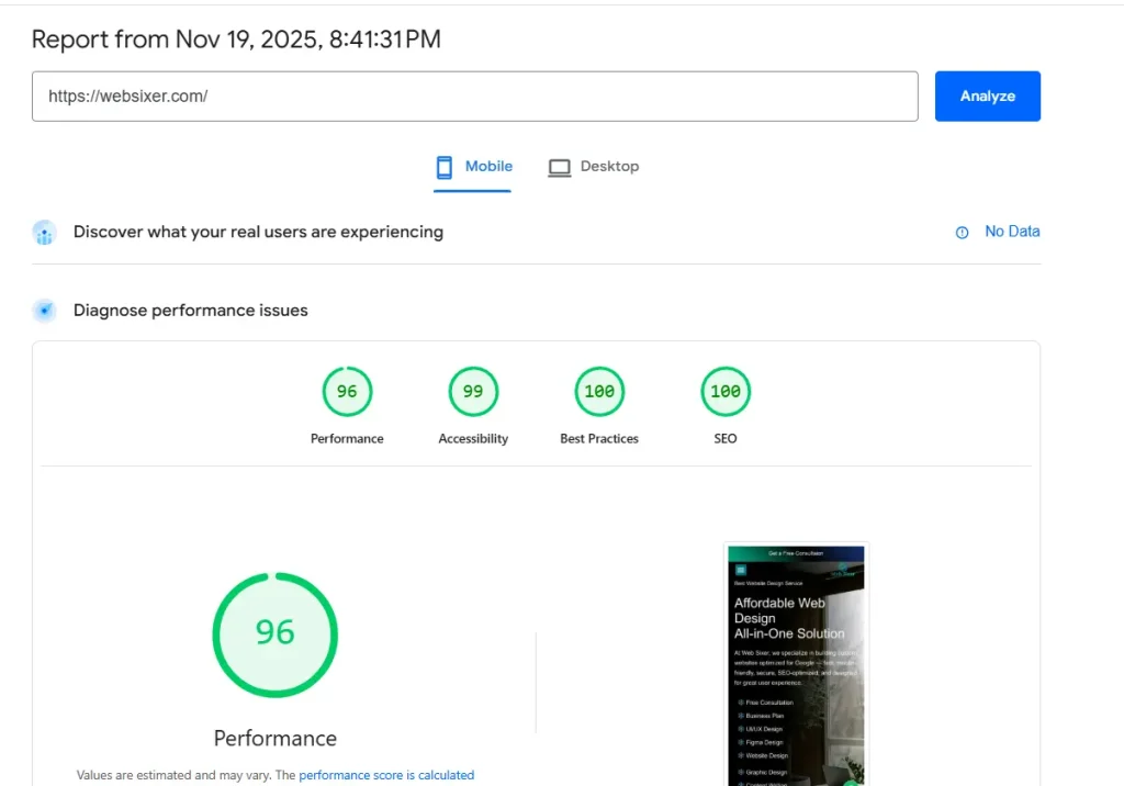96 performance score of Web Sixer