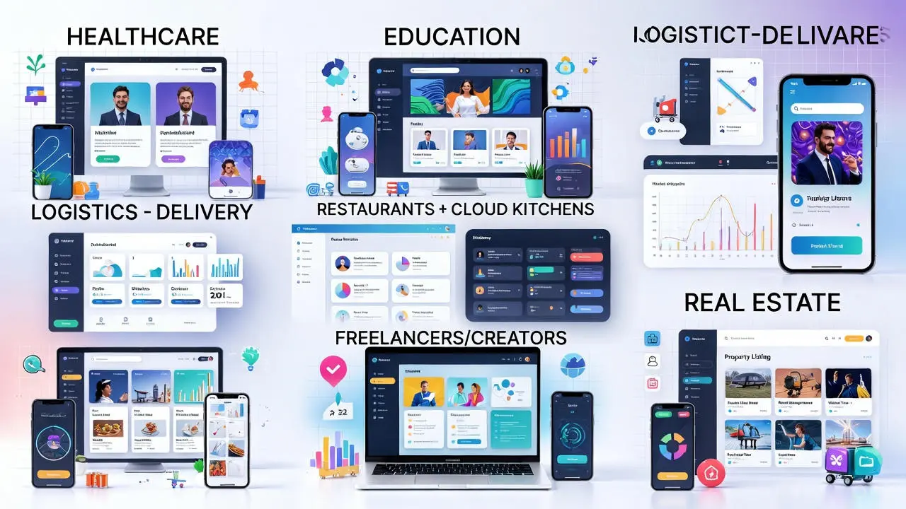 Collage of industries investing in websites, including healthcare, education, logistics, eCommerce, and real estate