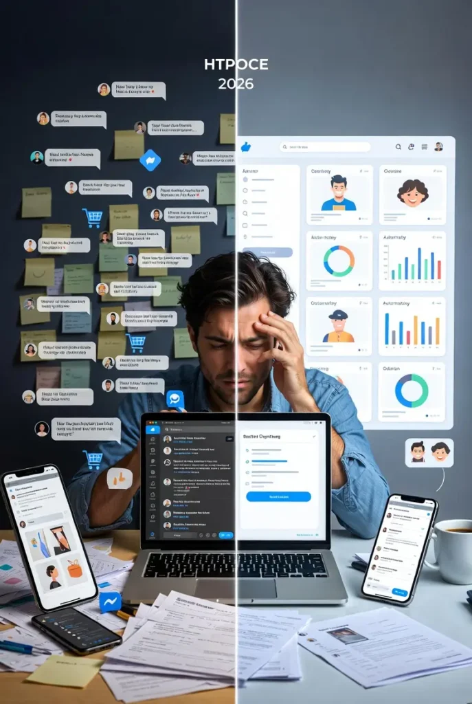 Small business owner buried in endless Facebook chat notifications.